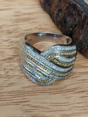 Genuine Yellow & White Diamond Wave Cocktail Ring In 925 Sterling Silver